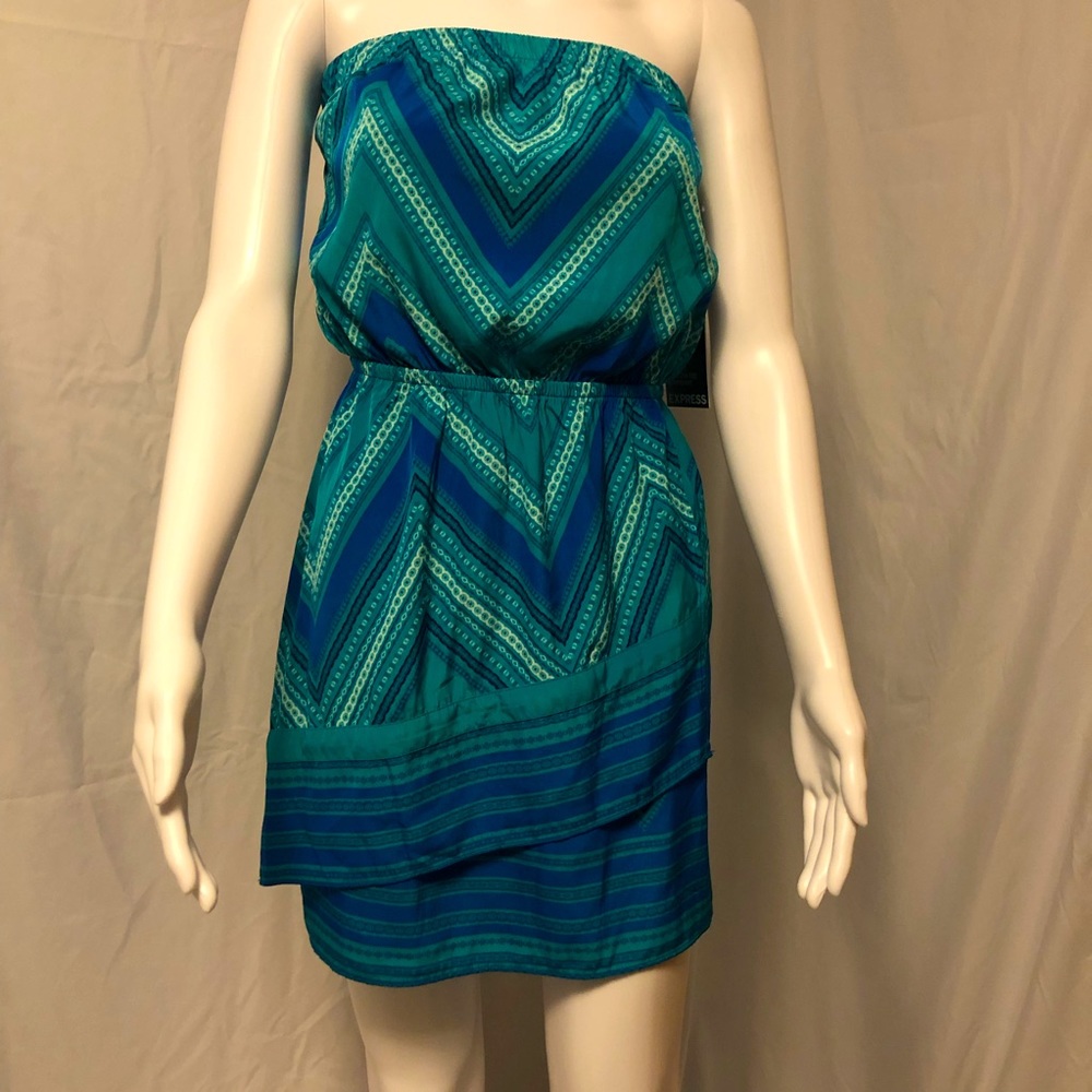 Express XS blue & green strapless dress NWT - Picture 2 of 8